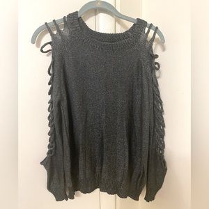 Fun, black shimmery sweater with cutout sleeves.